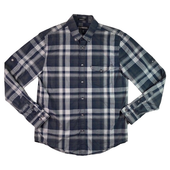 Express Medium Mens Shirt Modern Fit Gray Plaid Button‎ Up Collared 15-15.5 neck - Picture 1 of 14